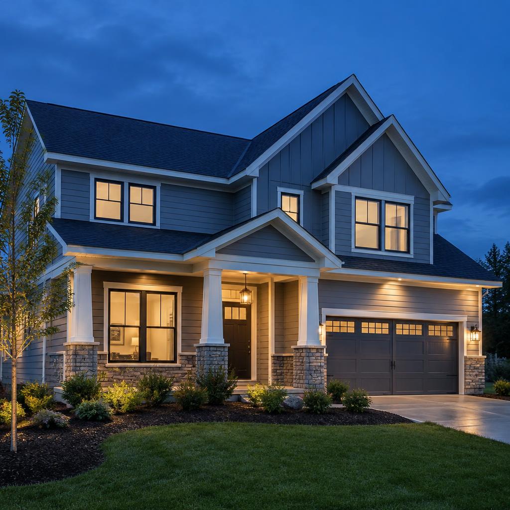 Well-maintained home exterior at dusk