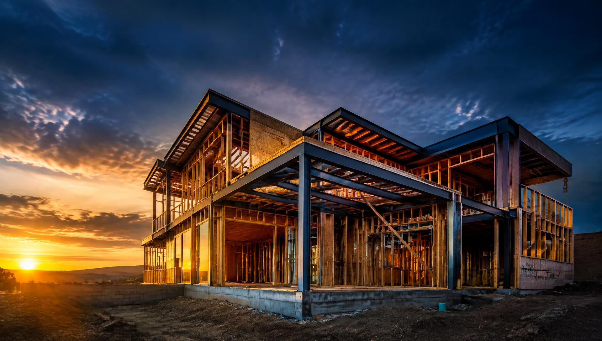 Home under construction at sunset